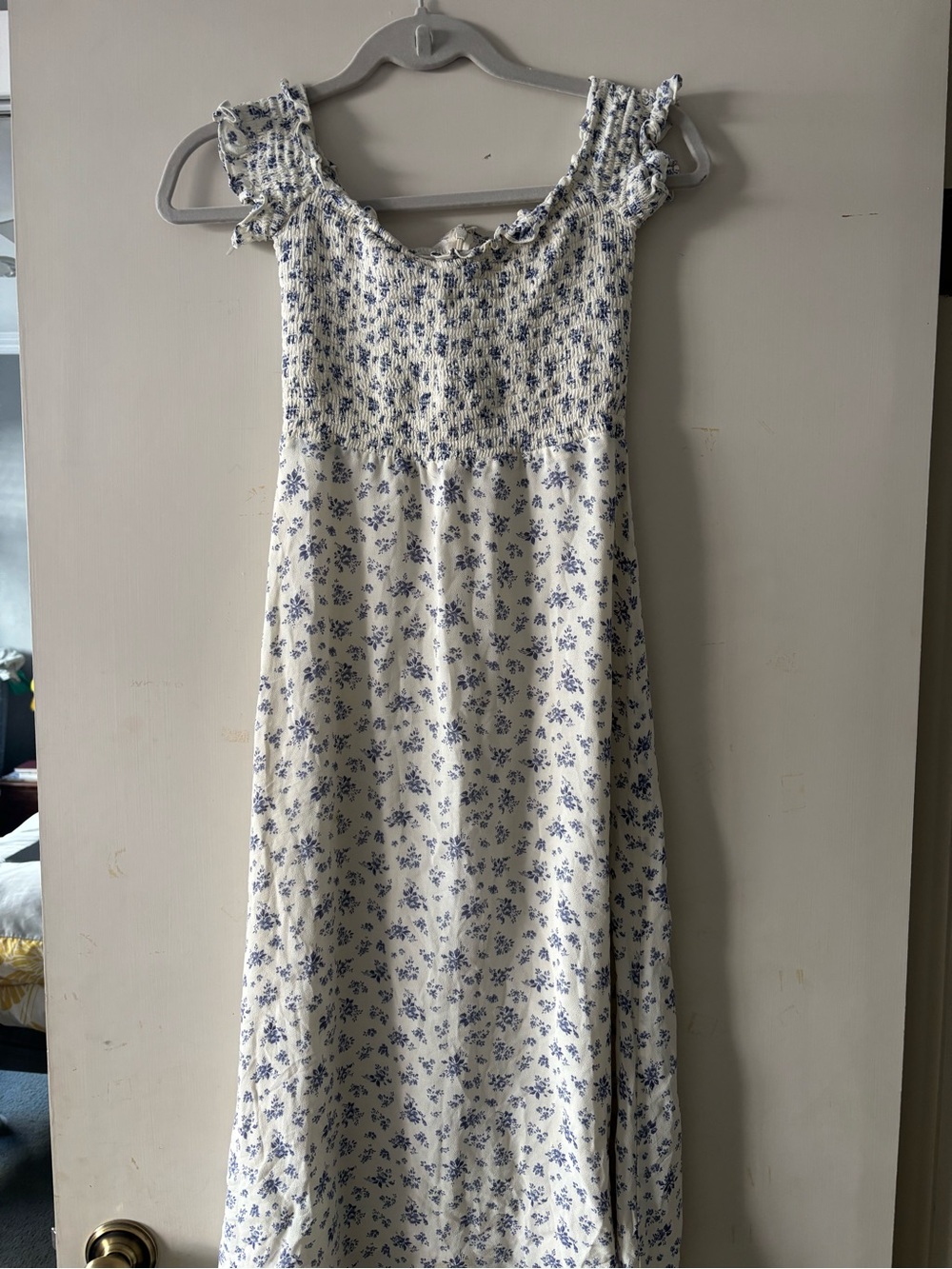 Reformation White Maxi Dress with Blue Floral Print